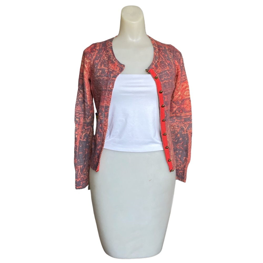 Lucky Brand Coral and Orange Printed Button-Front Cardigan - Picture 2 of 5
